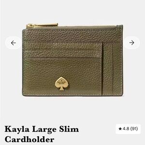 NEW kate spade Olive Green Leather Slim Card Holder Wallet Gold Spade Logo